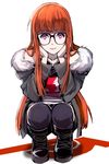  black_legwear boots chin_rest closed_mouth coat cross-laced_footwear fur_trim glasses kanro_(3637_3637) knee_boots lace-up_boots long_hair looking_at_viewer orange_hair persona persona_5 purple_eyes sakura_futaba solo squatting thighhighs thighhighs_under_boots 