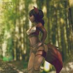  2016 anthro black_hair blurred_background breasts brown_fur brown_hair canine clothed clothing day female fluffy fluffy_tail fur hair hand_on_hip jingx1 mammal navel outside pants smile solo standing 