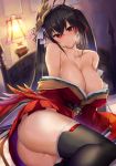  1girl ahoge ass azur_lane bangs bare_shoulders black_hair black_legwear blush breasts cleavage collarbone eyebrows_visible_through_hair feathers hair_between_eyes huge_breasts indoors japanese_clothes kimono lampshade large_breasts long_hair looking_at_viewer mask mask_on_head off_shoulder on_bed open_mouth pleated_skirt red_eyes red_kimono red_ribbon red_skirt ribbon satou_daiji sidelocks sitting skirt solo striped striped_ribbon sweat taihou_(azur_lane) thighhighs thighs twintails very_long_hair wet wide_sleeves 