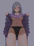  black_panties breasts dress dress_lift extended_upskirt highres idolmaster idolmaster_cinderella_girls kanzaki_ranko long_hair looking_away medium_breasts navel panties red_eyes senju_(snz0) silver_hair simple_background solo underboob underwear upskirt 