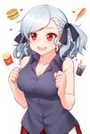  asymmetrical_bangs bangs black_ribbon blue_shirt blush breasts cola collarbone commentary corndog drooling eyebrows_visible_through_hair food french_fries girls_frontline grey_hair hair_ribbon hamburger hand_up hands_up highres large_breasts narynn open_mouth red_eyes ribbon shirt silver_hair simple_background sleeveless sleeveless_shirt smile solo spas-12_(girls_frontline) upper_body wavy_hair white_background 