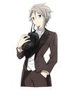  absurdres ange_(princess_principal) crossdressing formal glasses grey_hair hand_in_pocket hat hat_on_chest hat_removed headwear_removed highres holding holding_hat pant_suit princess_principal short_hair solo suit yoshimi_(yasinatongren) 