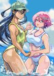  2girls absurdres alternate_breast_size_(larger) amate_yuzuriha bikini breasts commentary dark-skinned_female dark_skin dated earrings green_hat gundam gundam_gquuuuuux hand_up hat highres holding_hands jewelry large_breasts long_hair looking_at_another looking_at_viewer multiple_girls nyaan_(gundam_gquuuuuux) okrdisk2000 one-piece_swimsuit outdoors red_hair short_hair small_breasts swimsuit white_bikini yellow_eyes yellow_one-piece_swimsuit 