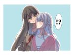  !? 2girls :3 bang_dream! bang_dream!_girls_band_party! bang_dream!_yumemita behind_another blue_background blush border braid brown_hair closed_mouth clueless collarbone commentary crew_neck cropped_torso dot_nose downturned_eyes empty_eyes false_smile fang fang_out green_eyes grey_eyes grey_hair hair_between_eyes half_up_braid hanasakigawa_school_uniform hanazono_tae height_difference highres hsiao_yeh in-franchise_crossover long_hair long_sidelocks looking_down miyanaga_nonoka miyanaga_nonoka_(real) multiple_girls neck_ribbon outline pink_sweater profile red_ribbon ribbon sailor_collar school_uniform shaded_face shirt sidelocks simple_background smile spoken_interrobang straight_hair striped_clothes striped_shirt sweater untranslatable_commentary v-neck white_border white_outline white_sailor_collar white_shirt winter_uniform you_gonna_get_raped 