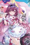  1girl apron averting_eyes closed_mouth commentary english_commentary hair_between_eyes hair_ornament hinakisara holding holding_ice_cream_cone ice_cream_cone juno_umezono leg_warmers looking_at_viewer midriff official_art outdoors plate purple_eyes purple_hair purple_nails purple_sandals sample_watermark sandals second-party_source shirt short_sleeves single_wrist_cuff smile standing standing_on_one_leg tongue tongue_out virtual_youtuber visor_cap vspo! vspo!_en watermark white_apron white_leg_warmers white_wrist_cuffs wrist_cuffs 