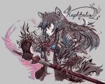  1girl animal_ear_fluff animal_ears armor black_gloves breastplate breasts character_name commentary dress elbow_gloves english_commentary from_side fur-trimmed_gloves fur_trim gloves grey_background holding holding_sword holding_weapon layered_dress long_hair making-of_available medium_breasts messy_hair metal_arm_cuffs metal_wrist_cuffs mightyleafy neck_ribbon parted_lips partially_colored pink_eyes pinstripe_dress pinstripe_pattern raccoon_ears raccoon_girl raccoon_tail raphtalia red_ribbon ribbon scabbard sheath simple_background solo sword tail tanuki tate_no_yuusha_no_nariagari two-tone_dress unsheathing upper_body weapon 