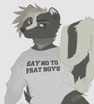  anthro black_nose blue_eyes bottomless clothed clothing female fluffy fur hair kasperroni long_shirt long_tail mammal marie_westluck short_hair simple_background skunk white_background white_hair 