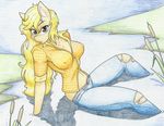  2017 absurd_res anthro anthrofied applejack_(mlp) blonde_hair equine female flicker-show freckles friendship_is_magic green_eyes hair hi_res horse lake mammal my_little_pony nipple_bulge pony solo water wet_hair 