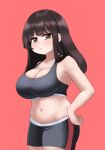  1girl alternate_costume black_shorts black_sports_bra blush breasts brown_eyes brown_hair cleavage closed_mouth commentary contemporary cowboy_shot crop_top english_commentary hakurei_reimu hand_on_own_hip highres large_breasts long_hair looking_at_viewer navel no_hair_bow rion_(user_ufvg8527) shorts solo sports_bra stomach touhou 