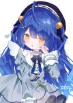  1girl absurdres ahoge amamiya_kokoro amamiya_kokoro_(1st_costume) artist_name bell blue_bow blue_bowtie blue_hair blue_hat blush bow bowtie commentary cowboy_shot dress eringikinono fake_wings grey_dress hair_bell hair_ornament hat heart highres long_hair long_sleeves looking_at_viewer nijisanji puffy_sleeves simple_background solo virtual_youtuber white_background wings yellow_eyes 