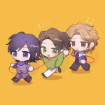  3boys alain_(kamen_rider_ghost) animification boots brown_eyes brown_hair character_request chase_(kamen_rider_drive) chibi closed_mouth commentary curtained_hair earrings english_commentary full_body green_eyes highres in-franchise_crossover jewelry kamen_rider kamen_rider_drive_(series) kamen_rider_gavv_(series) kamen_rider_ghost_(series) lakia_amarga looking_at_viewer male_focus multiple_boys notice_lines open_mouth orange_background pants purple_eyes purple_hair purple_pants short_hair simple_background single_earring smile string tristia_(renixxxxv) 