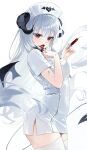  1girl absurdres black_eyes black_horns blood blush commentary_request curled_horns demon_tail demon_wings fang hat highres holding holding_syringe horns licking licking_finger long_hair looking_at_viewer myowa nurse nurse_cap open_mouth original short_sleeves simple_background solo syringe tail thighhighs white_background white_hair white_thighhighs wings zettai_ryouiki 