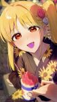 2girls absurdres after_kiss black_kimono blonde_hair blush bocchi_the_rock! braid commentary_request ear_blush female_pov flower food gotoh_hitori hair_flower hair_ornament hand_blush highres ijichi_nijika implied_kiss japanese_clothes kimono long_hair looking_at_viewer multiple_girls open_mouth out_of_frame pov red_eyes red_flower seisyuntarotto shaved_ice side_ponytail signature smile solo_focus summer_festival tongue tongue_out white_flower yuri 