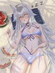  1girl absurdres ahoge animal_ears bare_shoulders beach bikini blue_choker blush breasts choker closed_eyes collarbone commentary english_commentary food fruit grey_bikini grey_hair grey_tail hair_between_eyes highres horse_ears horse_girl horse_tail long_hair lying medium_breasts multicolored_hair navel nicola_(umahiremy) oguri_cap_(umamusume) on_back parted_lips sand sleeping solo stomach swimsuit tail umamusume watermelon watermelon_slice zzz 