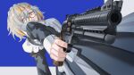  1girl absurdres aiming apron black_dress blue_background border breasts bright_pupils bullet commentary dress finger_on_trigger from_side gradient_eyes grey_border grey_eyes grey_hair gun highres holding holding_gun holding_weapon korth_nxr large_breasts looking_at_viewer looking_down maid maid_apron maid_headdress multicolored_eyes multicolored_hair orange-framed_eyewear orange_eyes orange_hair original revolver rice_(okome_no_naru_ki) short_hair simple_background solo two-tone_eyes two-tone_hair untranslatable_commentary upper_body weapon white_apron white_pupils 
