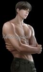  1boy abs absurdres aegyo_sal artist_name badegg-mm biceps black_background black_hair black_pants closed_mouth collarbone cowboy_shot green_eyes highres looking_at_viewer love_and_deepspace male_focus muscular muscular_male nose pants pectorals short_hair simple_background solo zayne_(love_and_deepspace) 