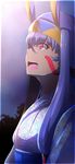  absurdres commentary_request dark_skin facial_mark fate/grand_order fate_(series) fireworks floral_print from_side hairband highres japanese_clothes kimono long_hair looking_away night night_sky nitocris_(fate/grand_order) obi open_mouth purple_eyes purple_hair sash sideways_mouth sky solo upper_body wada_kazu 