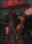  anthro black_nose blurred_background breasts canine dafka dog eyes_closed featureless_breasts female fur grey_fur kissing male mammal nude raining smile standing 