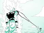  2boys aiming aiming_at_another alien amayuki318 arms_at_sides aura baggy_pants biceps broad_shoulders clenched_hands closed_mouth cloud cloudy_sky commentary_request dragon_ball dragon_ball_z duel energy_beam fighting_stance final_form_frieza firing frieza from_behind gradient_background highres horizon injury long_hair looking_at_another male_focus martial_arts_belt mountain multiple_boys muscular muscular_male ocean open_mouth outdoors pants pointing pointing_at_another sidelocks sky sleeveless son_goku spiked_hair super_saiyan super_saiyan_1 tail thick_eyebrows thick_neck torn_clothes wristband 