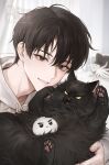  1boy animal animal_hands animalization black_cat black_eyes black_hair cat commentary foodification hair_between_eyes hood hood_down hoodie kim_dokja male_focus omniscient_reader's_viewpoint parted_lips portrait shjpt short_hair solo teeth untranslatable_commentary watermark white_hoodie yoo_joonghyuk yoo_joonghyuk_(999th_turn) 