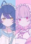 2girls absurdres amamiya_kokoro asahara blue_hair blue_theme commentary_request highres makaino_ririmu multiple_girls nijisanji pink_theme red_eyes simple_background virtual_youtuber yellow_eyes 