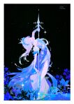  1girl absurdres anastasya_feodorovna_snezhnaya arm_up bare_shoulders blue_dress blue_gem blue_gloves blue_hair blue_robe border breasts circlet closed_eyes closed_mouth colored_eyelashes dio_knarf dress earrings elbow_gloves english_commentary field floating_hair flower flower_field flower_ornament from_side full_body fur-trimmed_robe fur_trim gem genshin_impact gloves gradient_hair grey_dress grey_hair highres holding holding_polearm holding_weapon jewelry kokoshnik long_dress long_hair medium_breasts multicolored_hair pendant pointy_ears polearm purple_flower robe royal_robe sidelocks solo spear star_(sky) starry_sky_background strapless strapless_dress two-tone_dress two-tone_hair wavy_hair weapon white_border white_flower white_gem 
