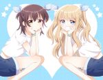  alternate_costume alternate_hairstyle babydoll blonde_hair blue_babydoll blue_eyes blue_shorts blush bow brown_hair commentary_request from_side funami_yui grin hair_bow hair_ornament hands_on_own_cheeks hands_on_own_face hands_up heart heart_background highres ipod ipod_shuffle ipod_shuffle_2g knees light_frown long_hair looking_at_viewer mei-chan_(meiyuri0405) mp3_player multiple_girls polka_dot polka_dot_bow shirt short_hair short_shorts shorts simple_background smile squatting star_(symbol) star_hair_ornament t-shirt teeth toshinou_kyouko two_side_up white_shirt yellow_eyes yuruyuri 