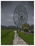  after_rain border bridge commentary_request ferris_wheel gazebo grass kui_ryouko lake lamppost no_humans original overcast park pavilion railing real_world_location scenery sidewalk sky stone_walkway trash_can tree walkway weeping_willow wet_ground white_border 