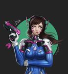  absurdres animal_print artist_name asian bangs blue_bodysuit bodysuit breast_hold breasts brown_eyes brown_hair bunny_print character_name charm_(object) circle d.va_(overwatch) dated eyelashes facepaint facial_mark finger_on_trigger gloves grey_background gun handgun headphones high_collar highres holding holding_gun holding_weapon kylekayhos lips long_hair looking_away looking_to_the_side looking_up md5_mismatch medium_breasts nose overwatch pilot_suit pink_lips pistol pose pout puckered_lips resized ribbed_bodysuit shoulder_pads signature skin_tight solo swept_bangs upper_body upscaled weapon whisker_markings white_gloves wind 