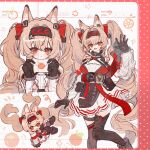  1girl :d absurdres angelina_(arknights) angelina_the_mellow_wish_(arknights) animal_ear_fluff animal_ears arknights black_collar black_gloves black_hairband brown_eyes brown_hair chibi chinese_commentary collar commentary_request detached_sleeves dress earpiece food fox_ears fox_girl fruit gloves hair_between_eyes hairband hand_up highres holding holding_letter infection_monitor_(arknights) letter lined_paper long_hair long_sleeves looking_at_viewer multicolored_hairband multiple_views open_mouth orange_(fruit) orange_slice paper_background qu_niao_ou_ou smile standing twintails two-tone_hairband very_long_hair white_dress 