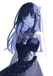  1girl black_dress black_hair blue_eyes bow breasts commentary_request dress gloves hair_bow highres long_hair nijisanji offering_hand ponto_nei see-through_clothes see-through_gloves small_breasts smile solo sorano_(1_sorano) striped_bow upper_body virtual_youtuber 