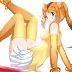  :o anklet bangle blush bracelet brown_hair circlet elbow_gloves from_side gloves golden_snub-nosed_monkey_(kemono_friends) highres jewelry kemono_friends long_hair long_ponytail looking_at_viewer md5_mismatch miniskirt monkey_tail numpopo pleated_skirt red_eyes skirt sleeveless solo tail thighhighs white_skirt yellow_gloves yellow_legwear zettai_ryouiki 