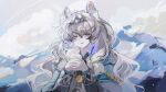  1girl absurdres animal_ear_fluff animal_ears arknights blue_shawl blue_sky cloud cup dress earrings en736499 grey_dress grey_eyes grey_hair half-closed_eyes highres holding holding_cup jewelry long_hair long_sleeves looking_to_the_side outdoors pramanix_(arknights) pramanix_the_prerita_(arknights) shawl sidelocks single_earring sky solo steam tiara upper_body wavy_hair 