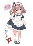  1girl absurdres abyssal_ship aged_down apron black_dress blue_eyes brown_hair commentary_request dress enemy_lifebuoy_(kancolle) enmaided frilled_apron frills hair_between_eyes highres kantai_collection long_hair looking_at_viewer maid maid_apron maid_headdress mary_janes one_side_up puffy_short_sleeves puffy_sleeves sakurai_nana_(moshichi) saratoga_(kancolle) shoes short_sleeves sidelocks smokestack_hair_ornament socks speech_bubble standing translation_request white_apron white_socks 