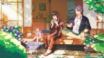  1girl 2boys architecture black_hair blue_flower bracelet bush chaldea_logo company_name copyright_name copyright_notice curly_hair dante_alighieri_(fate) day duryodhana_(fate) earrings east_asian_architecture eating facial_hair fate/grand_order fate_(series) flower folding_fan food fruit goatee grey_eyes habetrot_(fate) hair_ornament hairclip hand_fan highres holding holding_fan holding_food incense_burner japanese_clothes jewelry kayari_buta keishin kimono logo long_hair long_sleeves medium_hair mini_person minigirl morning_glory multicolored_flower multicolored_hair multiple_boys necklace official_art open_mouth outdoors pink_hair pointy_ears promotional_art purple_eyes purple_flower purple_hair red_hair red_nails ring shirt short_hair sitting smile summer sunlight two-tone_hair watermelon watermelon_slice white_flower yukata 