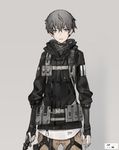  bangs cowboy_shot dagger grey_background grey_eyes grey_hair hair_between_eyes holding holding_weapon jacket load_bearing_equipment looking_at_viewer neco original pants parted_lips short_hair simple_background solo standing weapon 