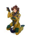  breasts brown_hair chest_harness commentary deltamagna english_commentary flight_suit full_body g-suit gloves harness helmet highres holding holding_toy kneeling large_breasts medium_hair military military_uniform original pilot shoes space_helmet sr-71_blackbird toy united_states_air_force 