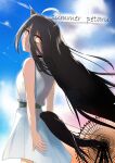  1girl absurdres ahoge animal_ears blue_sky closed_mouth cloud commentary_request cover cover_page doujin_cover dress english_text ferris_wheel hair_between_eyes highres horse_ears horse_girl horse_tail long_hair long_hair_between_eyes looking_at_viewer looking_back manhattan_cafe_(umamusume) multicolored_hair sky sleeveless sleeveless_dress smile solo split_mouth tail umamusume umayonyosi very_long_hair waist_ribbon white_dress white_hair yellow_eyes 