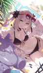  1girl backlighting bare_shoulders blonde_hair breasts chaldea_nankai_dai_kessen cleavage colored_inner_hair commentary_request detached_collar eyewear_on_head fate/grand_order fate_(series) flower gradient_hair grey_hair grin hair_flower hair_ornament inflatable_toy long_hair long_sleeves looking_at_viewer lying marie_antoinette_(fate) marie_antoinette_alter_(fate) marie_antoinette_alter_(le_gouter)_(fate) medium_breasts multicolored_hair navel official_art on_side partial_commentary pool saitou_hiroki sidelocks smile solo sunglasses thighs third-party_source white_hair yellow_eyes 