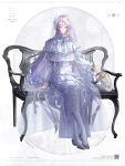  1girl arm_support bell_sleeves blue_ribbon bracer call_of_cthulhu capelet closed_mouth color_guide commentary_request copyright_name corset couch crossed_ankles curtained_hair dress flower frilled_capelet frilled_sleeves frills full_body grey_eyes grey_shoes hair_flower hair_ornament high_collar highres holding holding_paint_palette holding_paintbrush isaku_no_anata layered_dress long_dress long_hair long_sleeves looking_at_viewer mimoza04040 neck_ribbon on_couch paint_palette paintbrush pantyhose paper parted_bangs pink_hair pleated_dress print_pantyhose qr_code ribbon scale_print scar scar_across_eye scar_on_face see-through_clothes see-through_veil shoes simple_background sitting smile solo veil very_long_hair white_background white_capelet white_corset white_dress white_flower white_pantyhose white_veil 