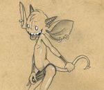  anthro barely_contained big_ears clothing erection greyscale holding_tail horn imp looking_at_viewer male monochrome nipples not_furry pencil_(artwork) pinup pose sharp_teeth side_view simple_background slim solo spade_tail standing teasing teeth tenting thong tongue tongue_out traditional_media_(artwork) tush tush_(character) 