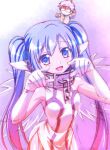  1boy 1girl angel_wings bare_shoulders blue_eyes blue_hair broken broken_chain chain chain_leash chibi chibi_inset collar commentary_request dress glasses gloves gradient_background hands_up leash long_hair looking_at_viewer metal_collar nymph_(sora_no_otoshimono) official_artist_extra opaque_glasses open_mouth pointing pointing_at_viewer purple_background robot_ears side_slit sleeveless sleeveless_dress smile solo_focus sora_no_otoshimono sugata_eishirou transparent_wings twintails upper_body watanabe_yoshihiro white_dress white_gloves wings 