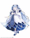  1girl absurdres beret blue_bow blue_bowtie blue_gloves blue_hair blue_skirt book boots bow bowtie capelet christmas_lights commentary copyright_notice dress figure_available foreshortening full_body fur-trimmed_boots fur_trim gloves gold_trim hair_bow hair_ornament hat hatsune_miku high_heel_boots high_heels highres holding holding_book hoop_skirt long_hair long_skirt looking_at_viewer merchandise_available musical_note musical_note_hair_ornament musical_note_print nuudoru official_art open_mouth pleated_skirt reaching reaching_towards_viewer second-party_source simple_background skirt skirt_under_dress smile snowflake_print solo standing standing_on_one_leg tabard tachi-e taito treble_clef twintails very_long_hair vocaloid white_background white_boots white_capelet white_dress white_hat yuki_miku yuki_miku_(2021) yuki_miku_x_amp+_grand_project 