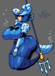  1girl alternate_breast_size_(larger) android armor ass black_sleeves blue_armor blue_eyes blue_helmet blue_scales breasts bubble elbow_gloves fins fish_tail forehead_jewel full_body gem gloves grey_background helmet highres holding holding_polearm holding_weapon huge_ass huge_breasts jaggy_lines layered_sleeves long_sleeves mega_man_(classic) mega_man_(series) mega_man_9 merfolk mermaid monster_girl octone_(mega_man) polearm puffy_short_sleeves puffy_sleeves robot robot_girl short_over_long_sleeves short_sleeves sideways_mouth simple_background splash_woman submarinechamomile tail trident weapon white_gloves yellow_gem 