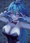  1girl absurdres antenna_hair armpits arms_up bare_shoulders black-framed_eyewear black_leotard blue_eyes blue_hair bow bowtie breasts cleavage commentary commission covered_navel detached_collar double_v glasses gloves highres large_breasts leotard long_hair looking_at_viewer mito_soosu nontraditional_playboy_bunny open_mouth original pointy_ears skeb_commission smile solo strapless strapless_leotard sweat upper_body v white_gloves 