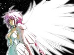  1girl ahoge angel_wings bare_shoulders black_background breasts broken broken_chain chain chain_leash cleavage closed_mouth collar collarbone commentary_request crosshair_pupils detached_sleeves feathered_wings from_side hair_ribbon highres ikaros large_breasts leash long_hair metal_collar navel official_artist_extra oversized_wings pink_hair red_ribbon ribbon robot_ears solo sora_no_otoshimono symbol-shaped_pupils twintails very_long_hair watanabe_yoshihiro wide_sleeves wings 