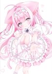  1girl :3 animal_ears apron aroma_x_x bell blush bow braid breasts cat_ears cat_girl cat_tail character_request cleavage closed_mouth commentary copyright_request dress frills gem heart highres large_breasts looking_at_viewer maid maid_apron neck_bell pearl pink_bow pink_frills pink_hair reaching reaching_towards_viewer smile solo tail twintails white_bow white_eyes 