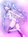  1girl ankle_boots ass bare_shoulders black_thighhighs blue_dress blue_eyes blue_gloves blue_hair boots breasts broken broken_chain chain chain_leash collar commentary_request dress foot_out_of_frame from_side garter_straps gloves gradient_background high_heel_boots high_heels highres leash long_hair looking_at_viewer metal_collar nymph_(sora_no_otoshimono) official_artist_extra open_mouth purple_background robot_ears short_dress sleeveless sleeveless_dress small_breasts smile solo sora_no_otoshimono thighhighs twintails very_long_hair watanabe_yoshihiro white_boots wings 