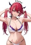  1girl :d absurdres bikini black_horns blue_eyes breasts cleavage commentary frilled_bikini frills grin halo halterneck heterochromia highleg highleg_bikini highres holding_own_hair hololive hololive_english horns irys_(hololive) large_breasts long_pointy_ears looking_at_viewer multicolored_hair navel pink_eyes pointy_ears purple_hair red_streaks si_farid simple_background smile solo star-shaped_pupils star_(symbol) star_halo stomach streaked_hair swimsuit symbol-shaped_pupils twintails untranslatable_commentary virtual_youtuber white_background white_bikini 