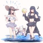  1boy 2girls angelo_(ff8) ball bare_shoulders beachball black_choker black_hair black_nails black_skirt blonde_hair blue_male_swimwear blue_skirt breasts choker cleavage closed_mouth commentary crop_top dissidia_duellum_final_fantasy dissidia_final_fantasy dog earrings eyewear_on_head ff14hioo_oo7 final_fantasy final_fantasy_iii final_fantasy_viii final_fantasy_xiv flower_bra frilled_shirt frills gaia_(dark_breeze)_(ff14) gaia_(ff14) hand_on_own_hip hand_to_own_mouth hat holding holding_ball jewelry leg_ribbon low_ponytail male_swimwear medium_breasts midriff miniskirt moogle multiple_girls musical_note nail_polish necklace official_alternate_costume one_eye_closed onion_knight onion_knight_(nautilus_diver) open_mouth ponytail ribbon ring ring_necklace rinoa_heartilly rinoa_heartilly_(mermaid_pearl) shirt skirt smile snorkel_mask straw_hat sun_hat sunglasses thigh_strap untranslatable_commentary white_background white_shirt 